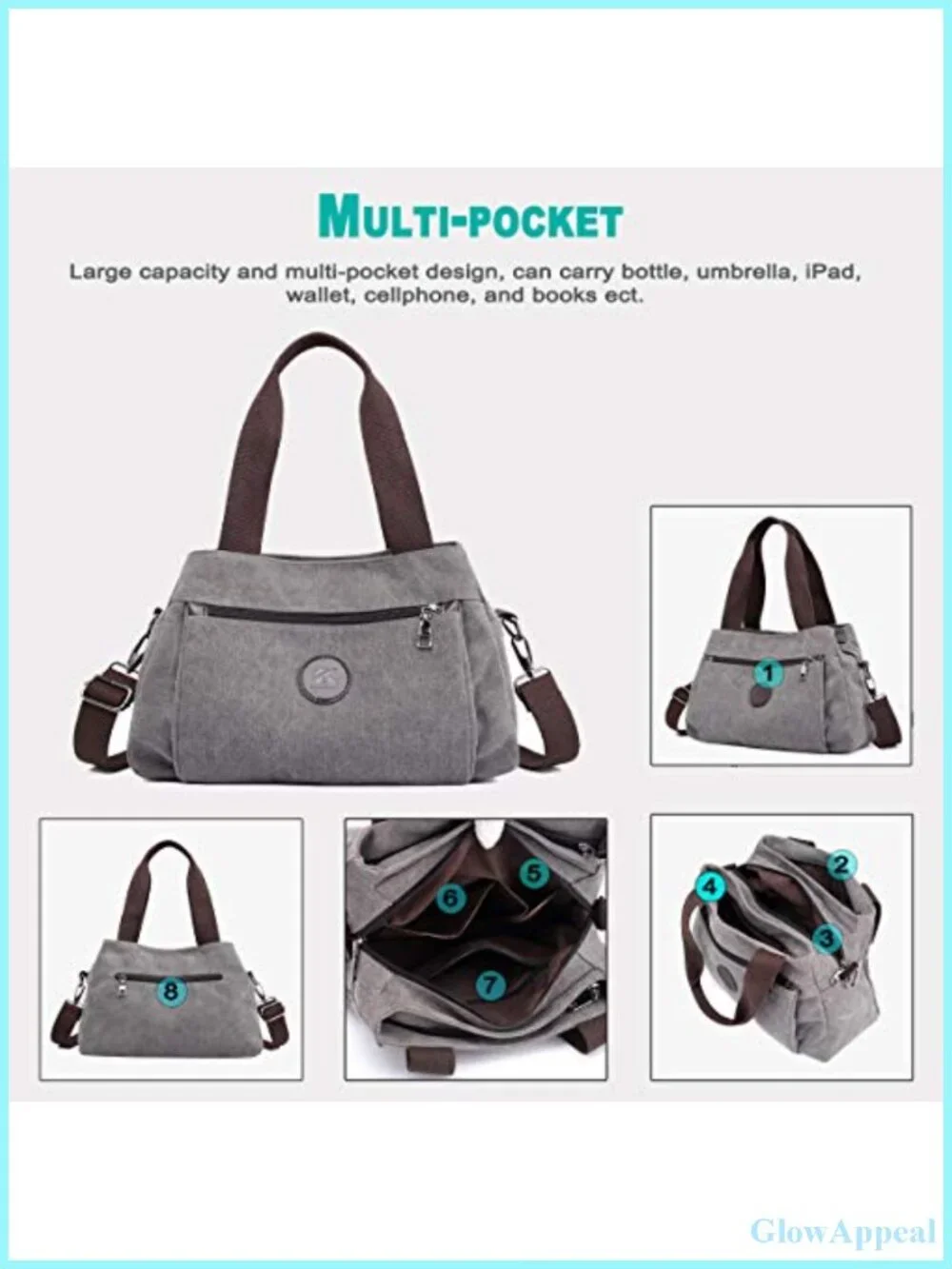 Canvas Hobo Crossbody Bag Women 3 Compartments Adjustable Strap
